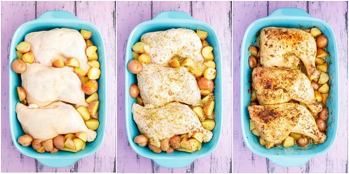 One-Pan Lemon Chicken Leg Quarters with Creamer Potatoes in blue baking pot before and after baking