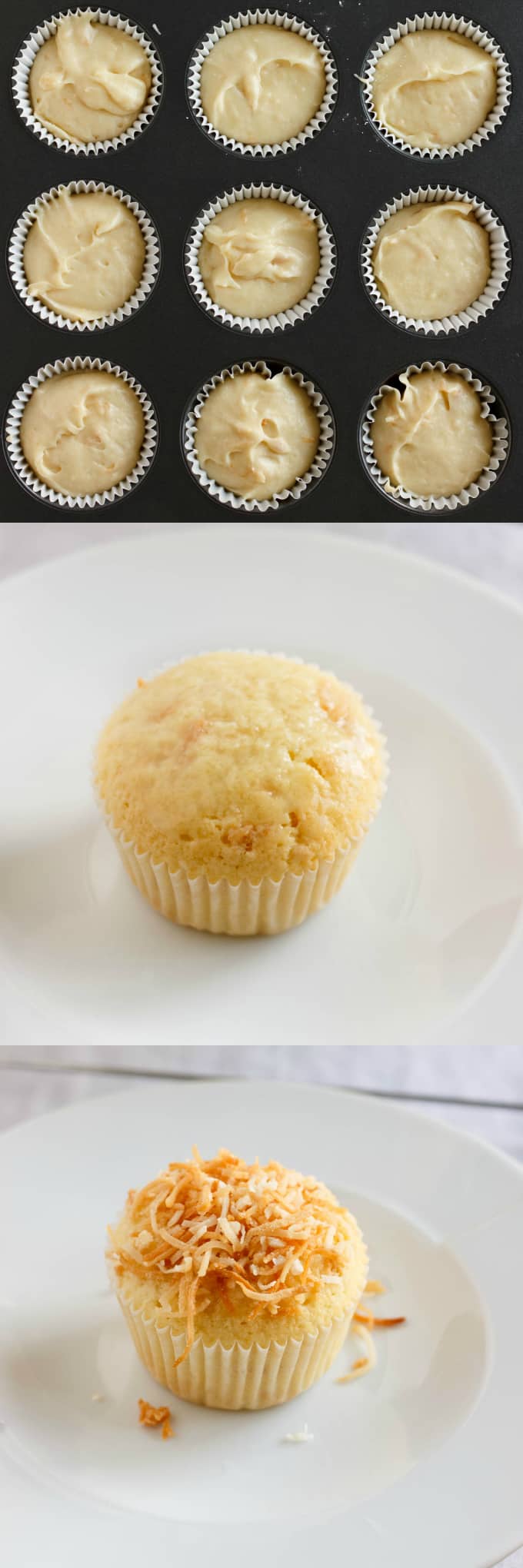 Toasted Coconut Cupcakes with Coconut Glaze in mold, with and without coconut glaze on white plate