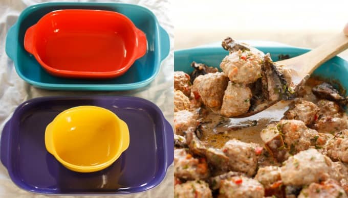 Turkey Meatballs in a Creamy Portobello Mushroom Sauce in cooking pot with wooden spatula, tray and colorful containers 