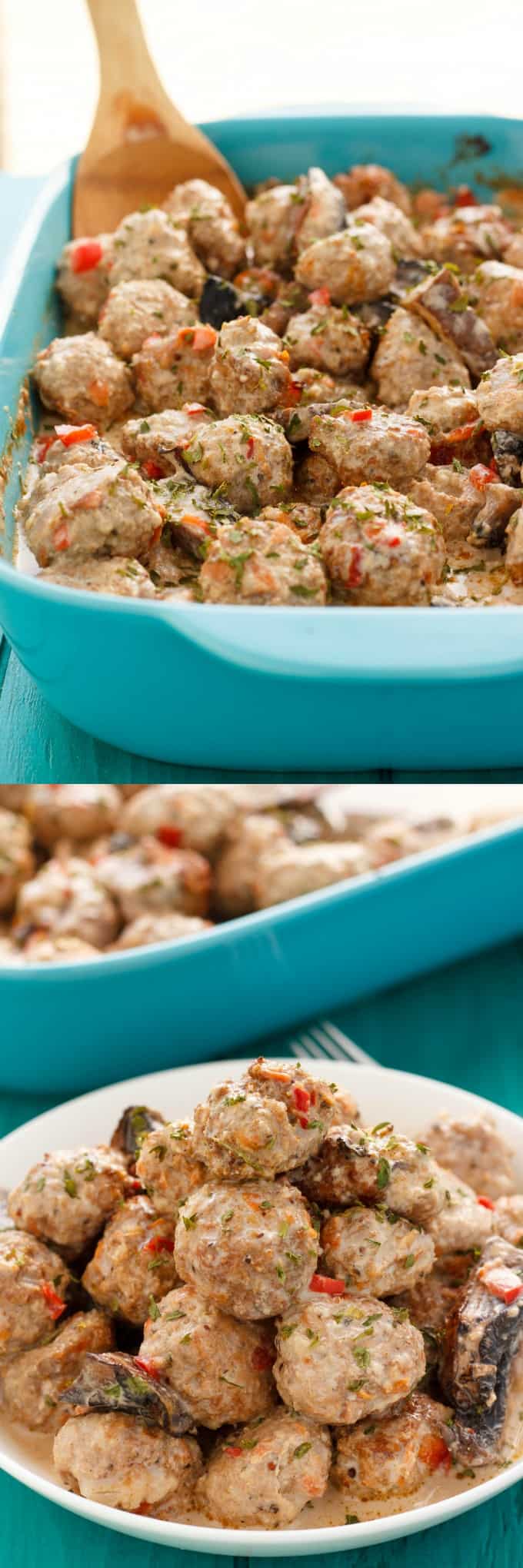 Turkey Meatballs in a Creamy Portobello Mushroom Sauce in blue baking pot with wooden spatula, meatballs on white plate