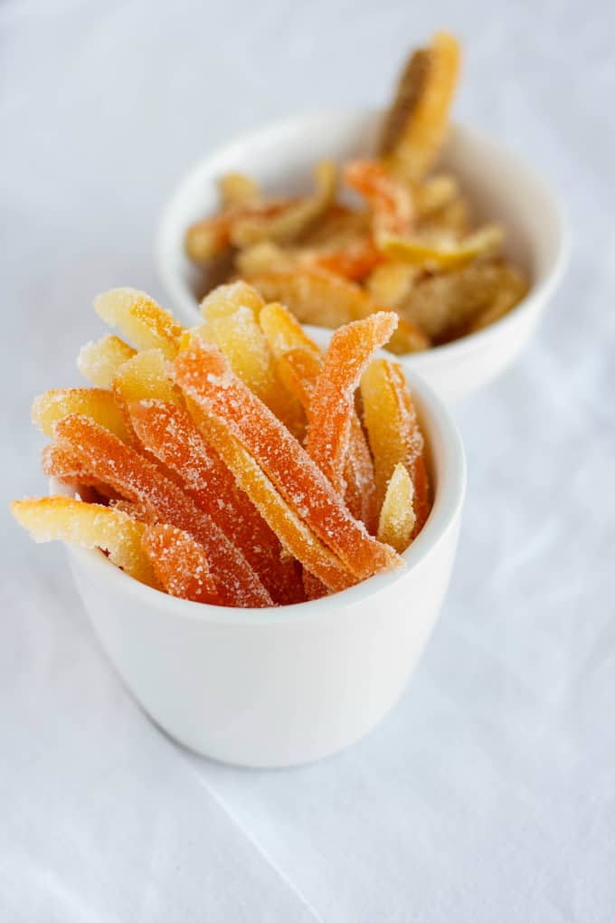 Homemade Candied Citrus Peels  in white bowls