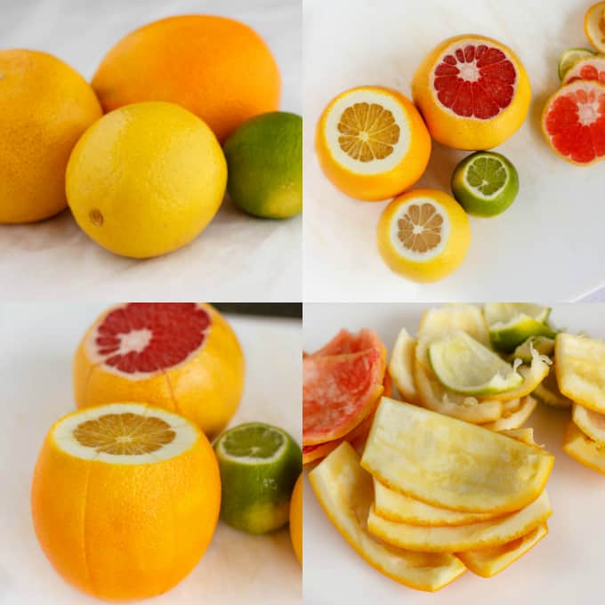 Homemade Candied Citrus Peels step by step, cuttin oranges , peeling them