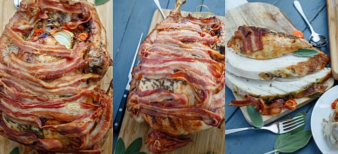 Bacon-Wrapped Whole Turkey with Herb Butter on wooden pads, part of turkey being sliced on wooden pad