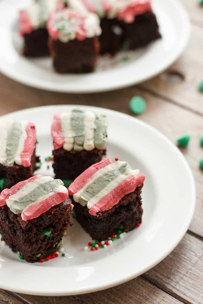 Christmas Brownies (Mint Chocolate Brownies)  on white plates on wooden table#Christmas