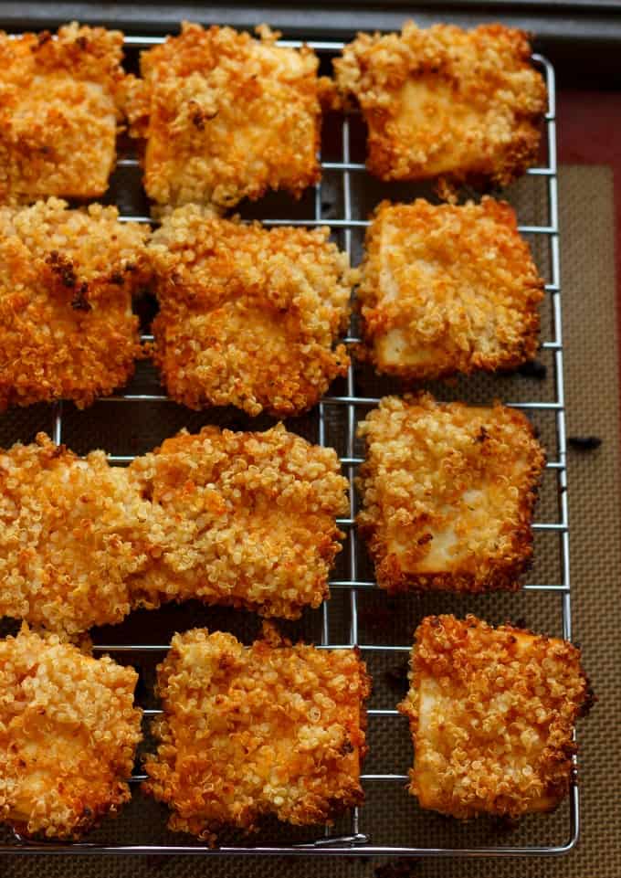 Quinoa Crusted Tofu Nuggets on baking grid