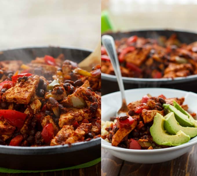 Spicy Tofu Quinoa in black pan with wooden spatula, on white plate with fork