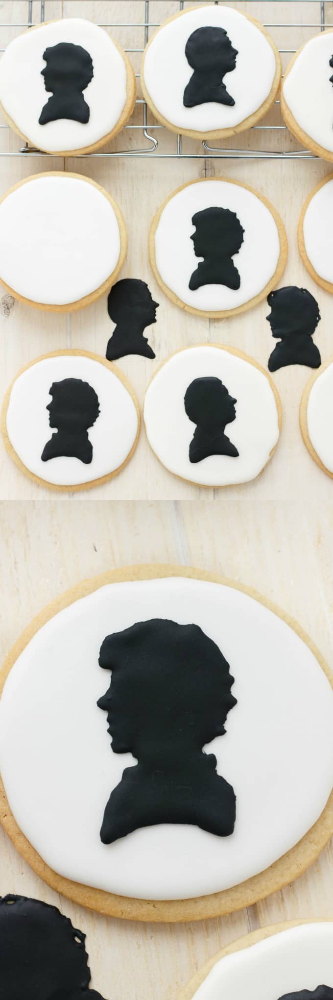 Royal Icing Sherlock Cookies on baking grid and white table (Cookie Geek #1) #royalicing