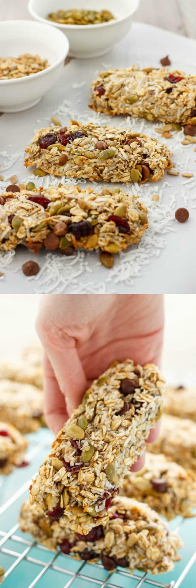 Three Ingredient Banana Granola Bars on white table with ingredients in white bowls, granola bars on baking grid and one bar held by hand