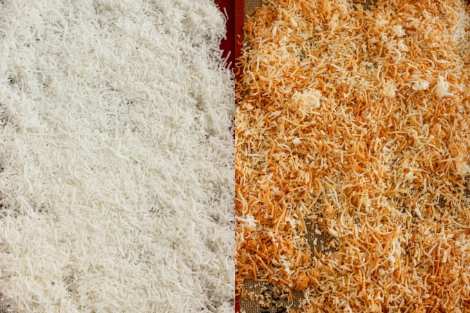 Tutorial How to Make Toasted Coconut  before and after toasting