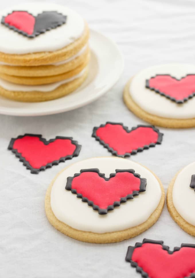 8 Bit Heart Cookies on white plate, on white paper sheet (No Special Cookie Cutter Necessary!) (Cookie Geek #2) #8bit