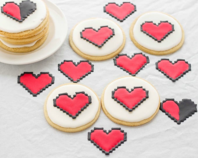 8 Bit Heart Cookies on white plate and white paper sheet (No Special Cookie Cutter Necessary!) (Cookie Geek #2)