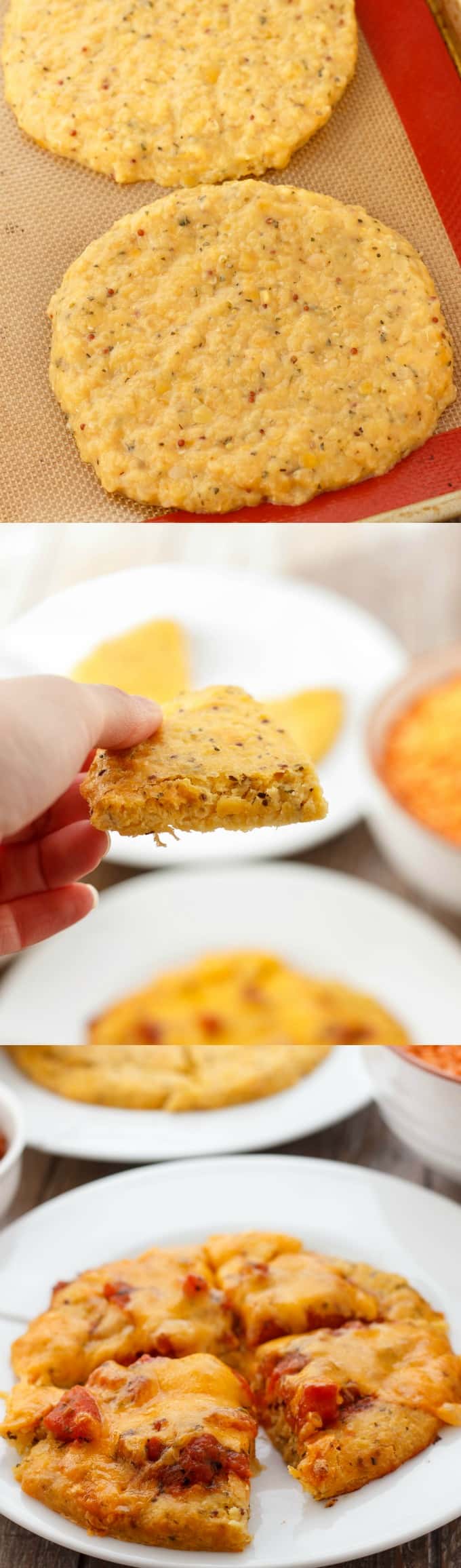 Lentil Pizza Crusts on brown pad, slice of crust held by hand, pizza crust sliced on white plate