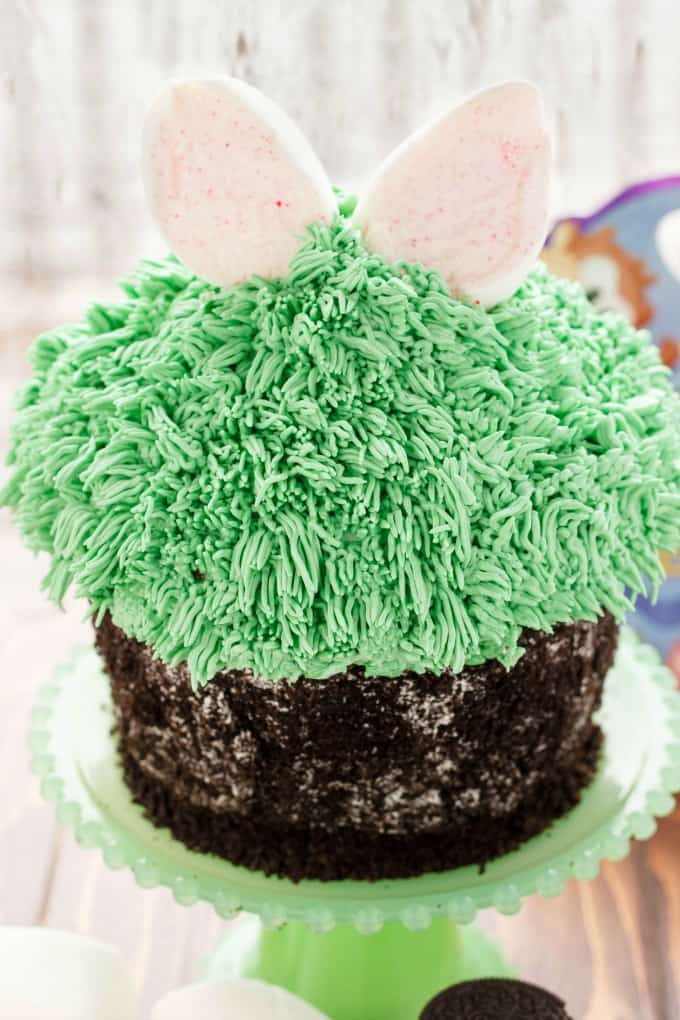 Giant Cupcake for Easter on green glass tray(Bunny Hiding in the Grass) #easter