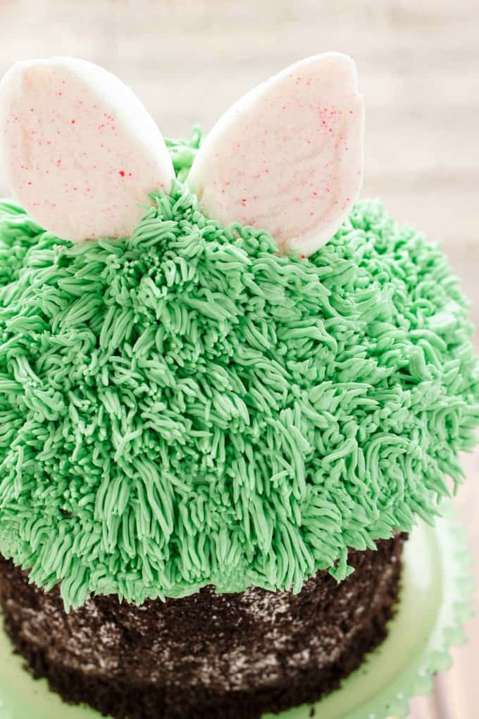 Giant Cupcake for Easter  on green glass tray(Bunny Hiding in the Grass) #giantcupcake