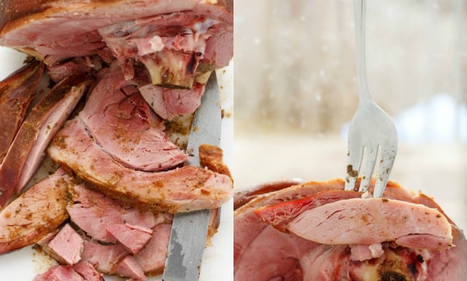Herb Crusted Ham in the Slow Cooker sliced with knife, picked by fork#sliced