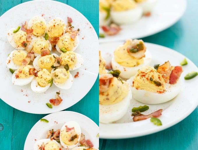 Jalapeno Popper Deviled Eggs on white plates