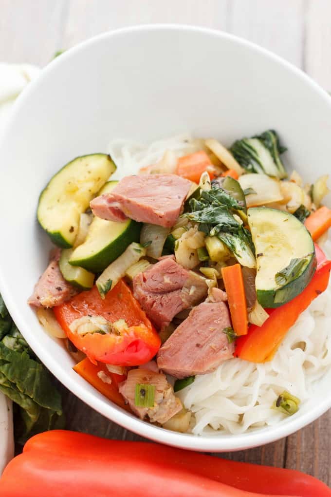 Leftover Ham Stir Fry  with vegetables and ramen in white bowl#ham