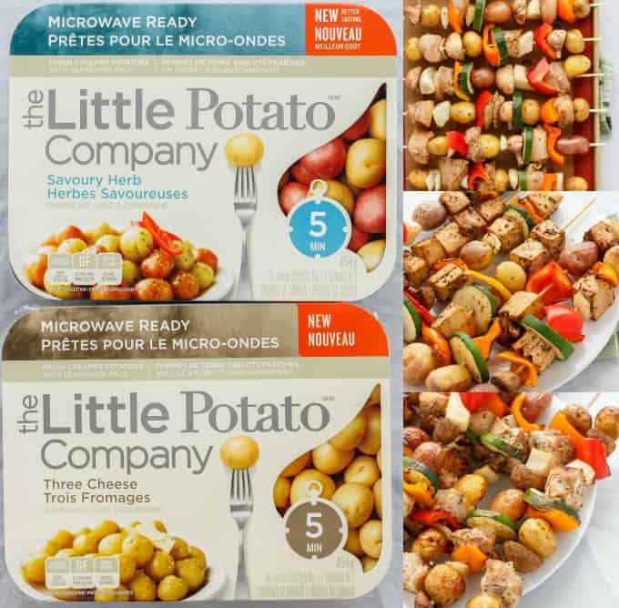 Little potato company containers with shish kabobs on white plates