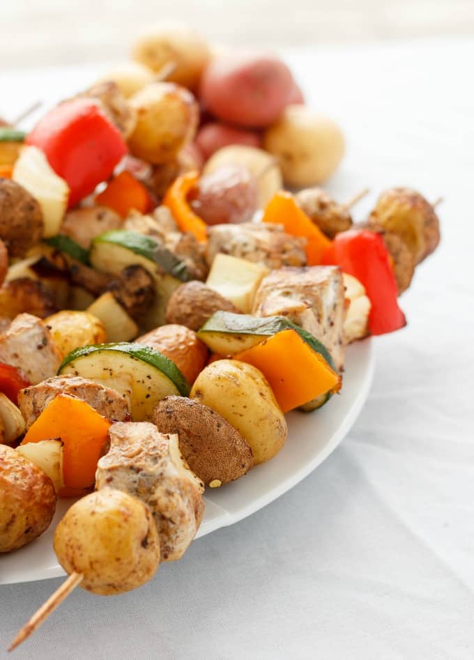 Shish Kabobs in the Oven on white plate (Chicken and Tofu Varietals!)