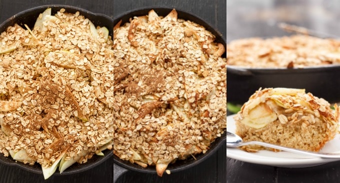 Skillet Apple Cake with Cinnamon Oat Topping on pad, on white plate with fork