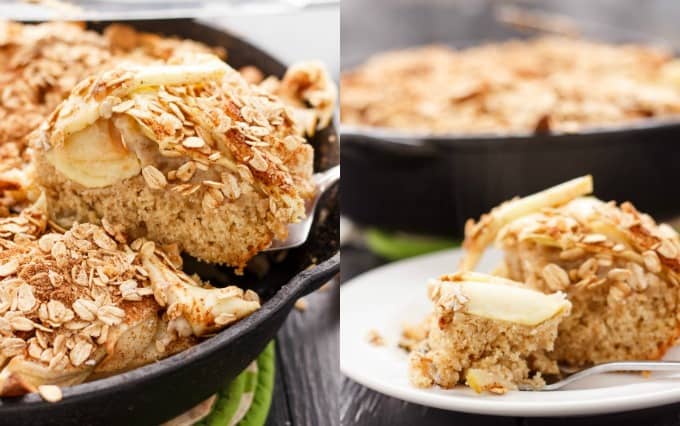 Skillet Apple Cake with Cinnamon Oat Topping on pan picked by spatula, on white plate with fork