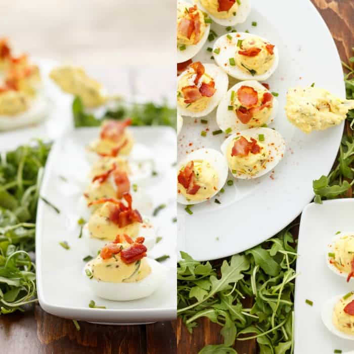 Sour Cream, Chive, and Bacon Deviled Eggs  on white plate and tray with herbs around#appetizer