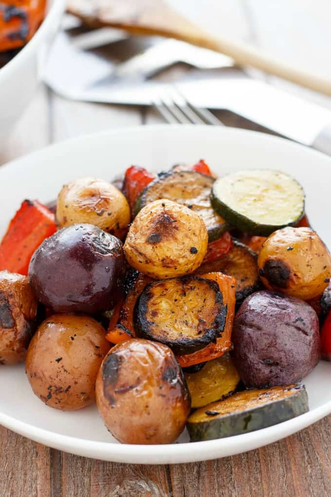 BBQ Potatoes and Vegetable Medley on white plate #vegetarian