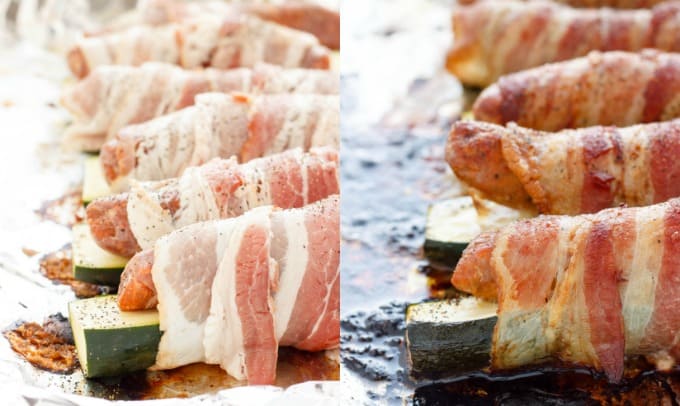 Bacon Wrapped Sausage and Zucchini on baking foil before and after baking #zucchini
