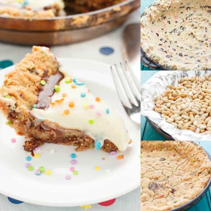 Birthday Cake Cookie and Pudding Pie on white plate with fork, cake dough in the making and baking #baking