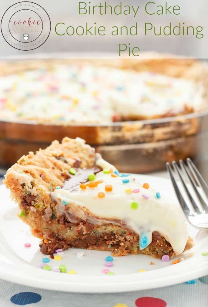 Birthday cake cookie and pudding pie on white plate with fork, rest of cake in baking pot in the background