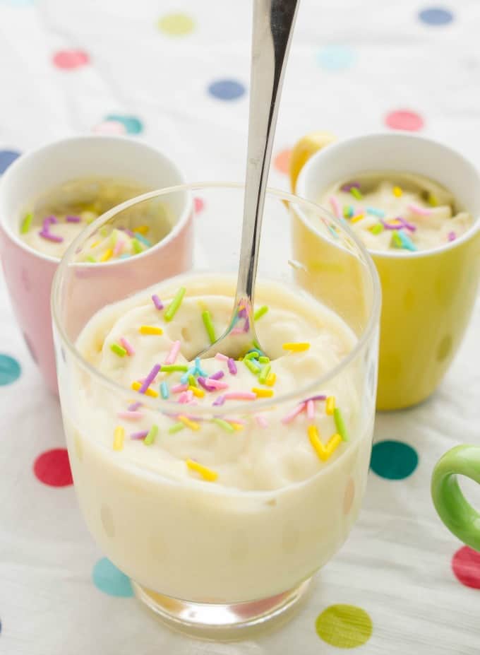 Homemade Birthday Cake Pudding in glass and tea cups with spoon #birthday