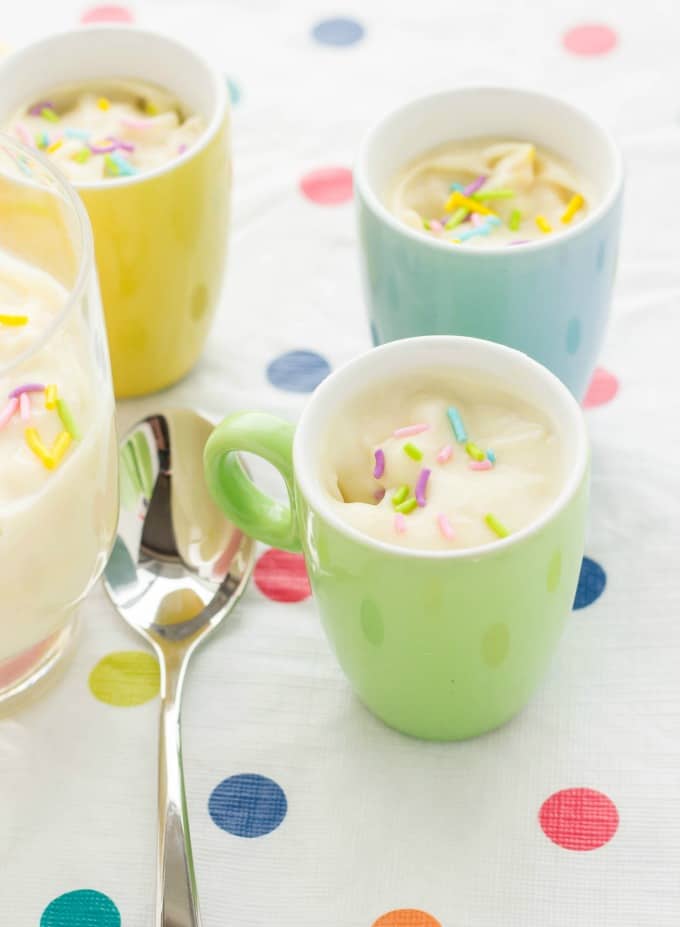 Homemade Birthday Cake Pudding in tea cups with spoon #dessert