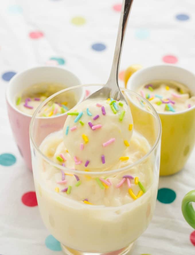 Homemade Birthday Cake Pudding in glass and tea cups with spoon #sprinkles