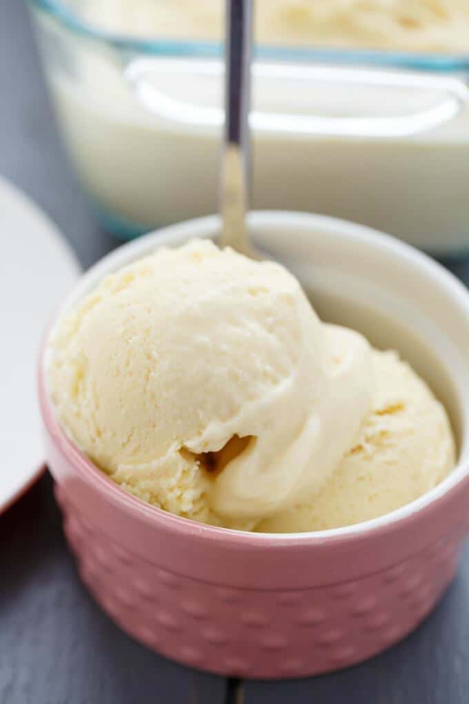 Basic Vanilla Ice Cream in pink bowl with spoon, glass container in the background