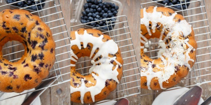 Blueberry Boy Bait Bundt Cake with Toasted Coconut on baking grid with blueberries in container