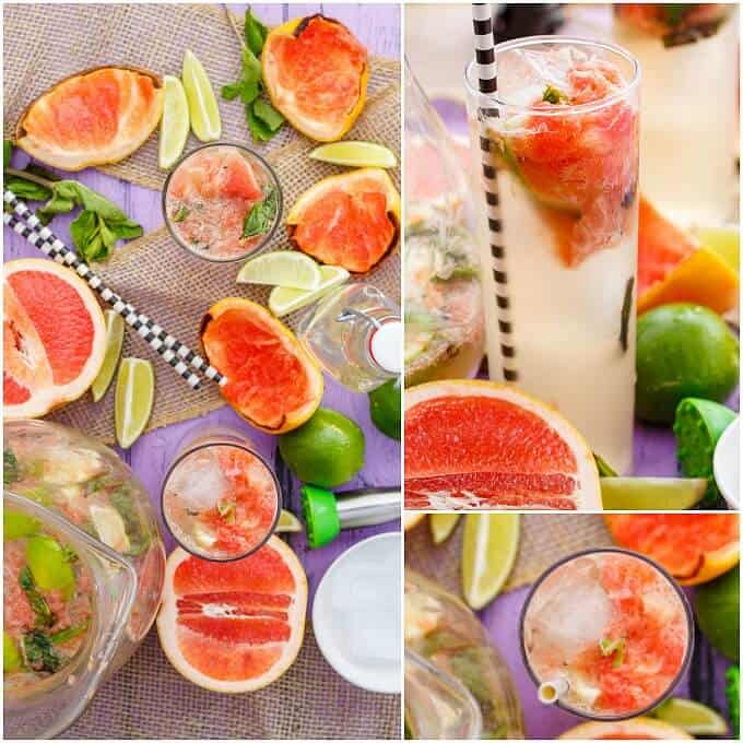 Broiled Grapefruit Mojitos in glass cups and glass pitcher with grapferuits and limes on the table