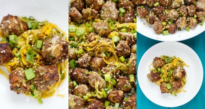 Miso Meatballs over Sauteed Zucchini Noodles on white plates