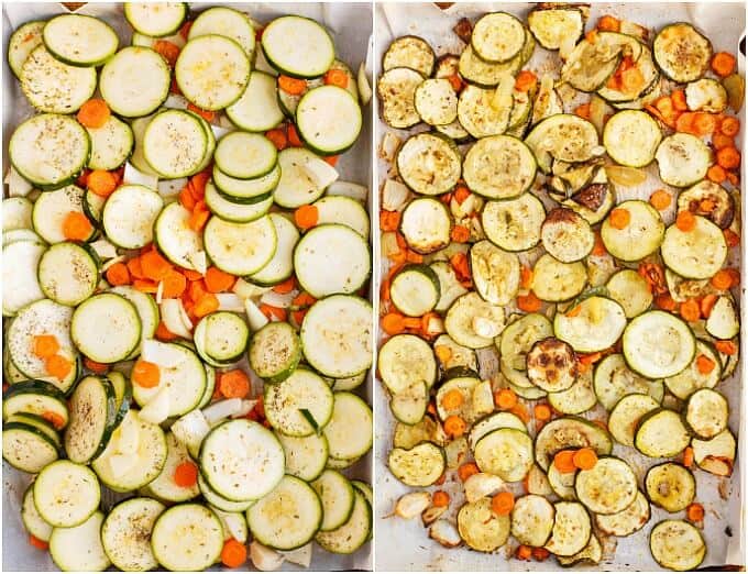 Roasted Zucchini-Carrot Soup vegetables before and afte seasoning