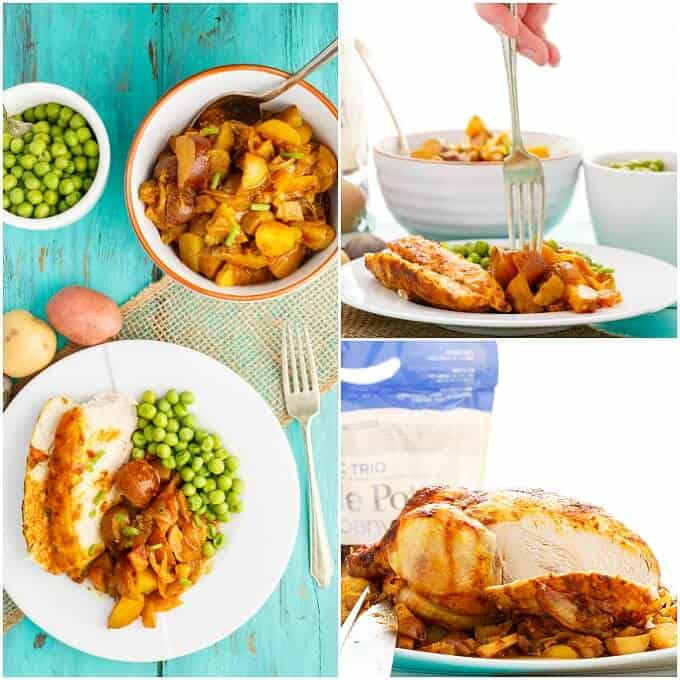 Slow Cooker Curry Chicken on white plate with sidedishes in bowls, chicked being sliced