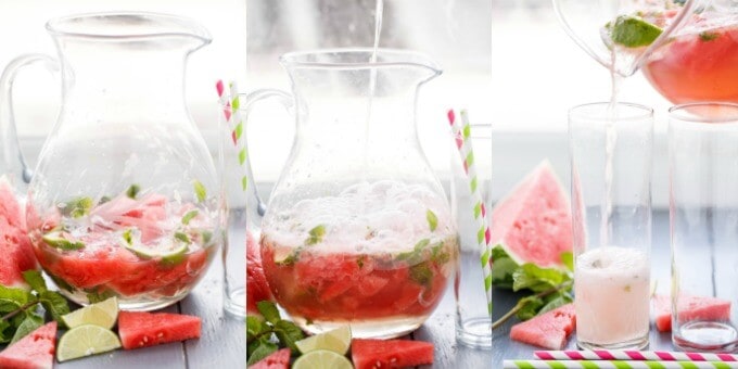 Watermelon Mojitospoured in glass gitcher and cup with slices of melon and limes