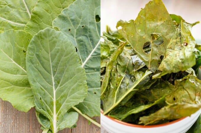 Collard Green Chips before and after process of making