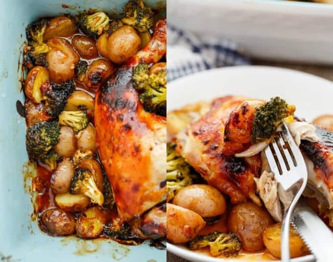 General Tso's Potatoes and Chicken with vegetable in baking pot and on white plate with knife and fork