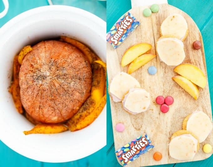 Homemade Lunchables with Ham on wooden pad with candy, ham in white bowl