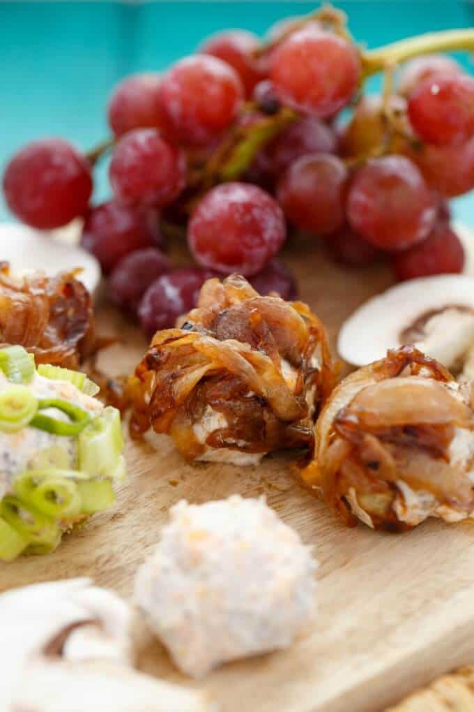 Mushroom and Beef Cheese Balls with grapes on wooden pad(Mini Style!) #onions