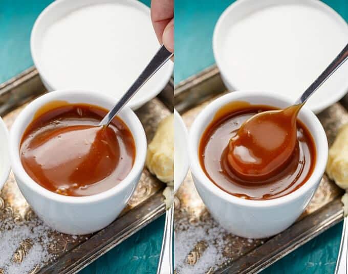 Dry Method Caramel Sauce in white bowls with spoons