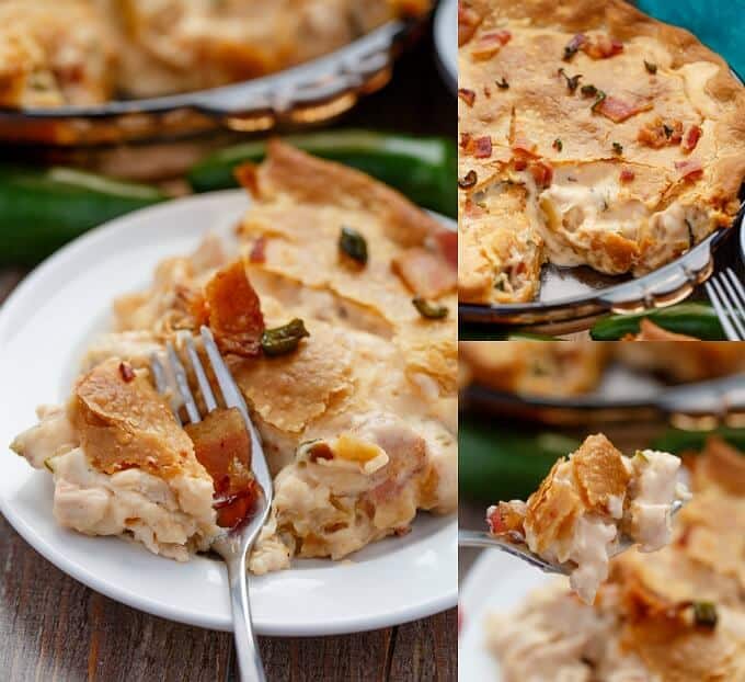 Jalapeno Popper Chicken Pot Pie with Bacon on white plate with fork, on glass tray and picked by fork