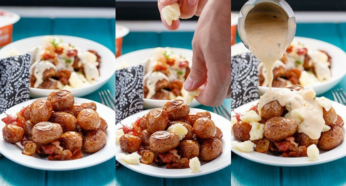 Jalapeno Popper Potato Poutine on white plates before and after being seasoned and sauced