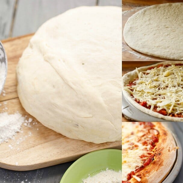 Ranch pizza dough on wooden pad, before and after baking