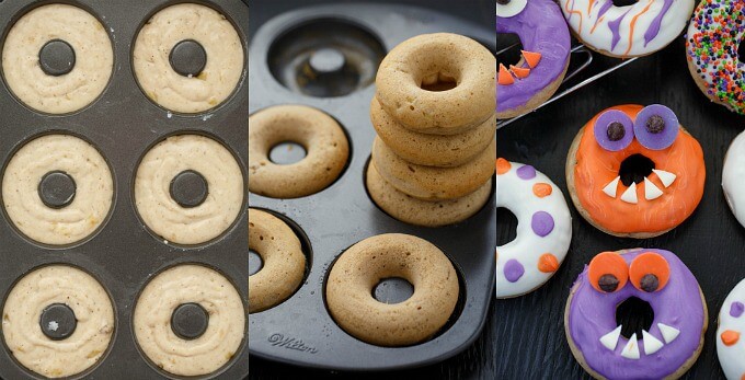 Halloween Monster Doughnuts in mold before and after baking, doughnuts on black table and baking grid