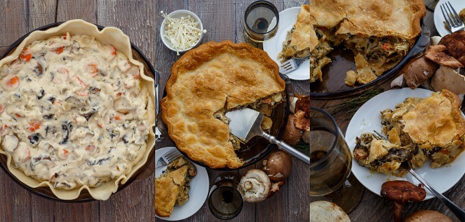 Roasted Mushroom Pot Pie before and after baking, pot pie being server on plates and strays with glasses of wine